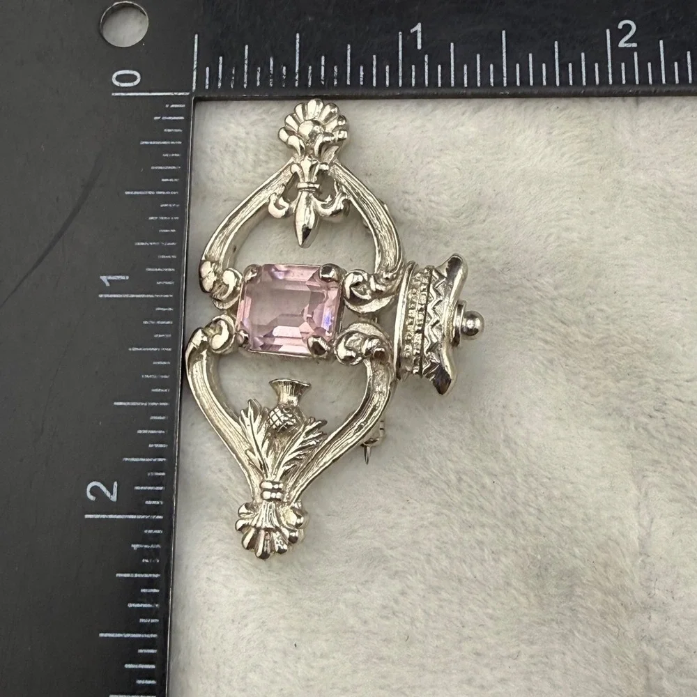 Vintage Scottish Luckenbooth Brooch Rhinestone Thistle Celtic Silver Tone